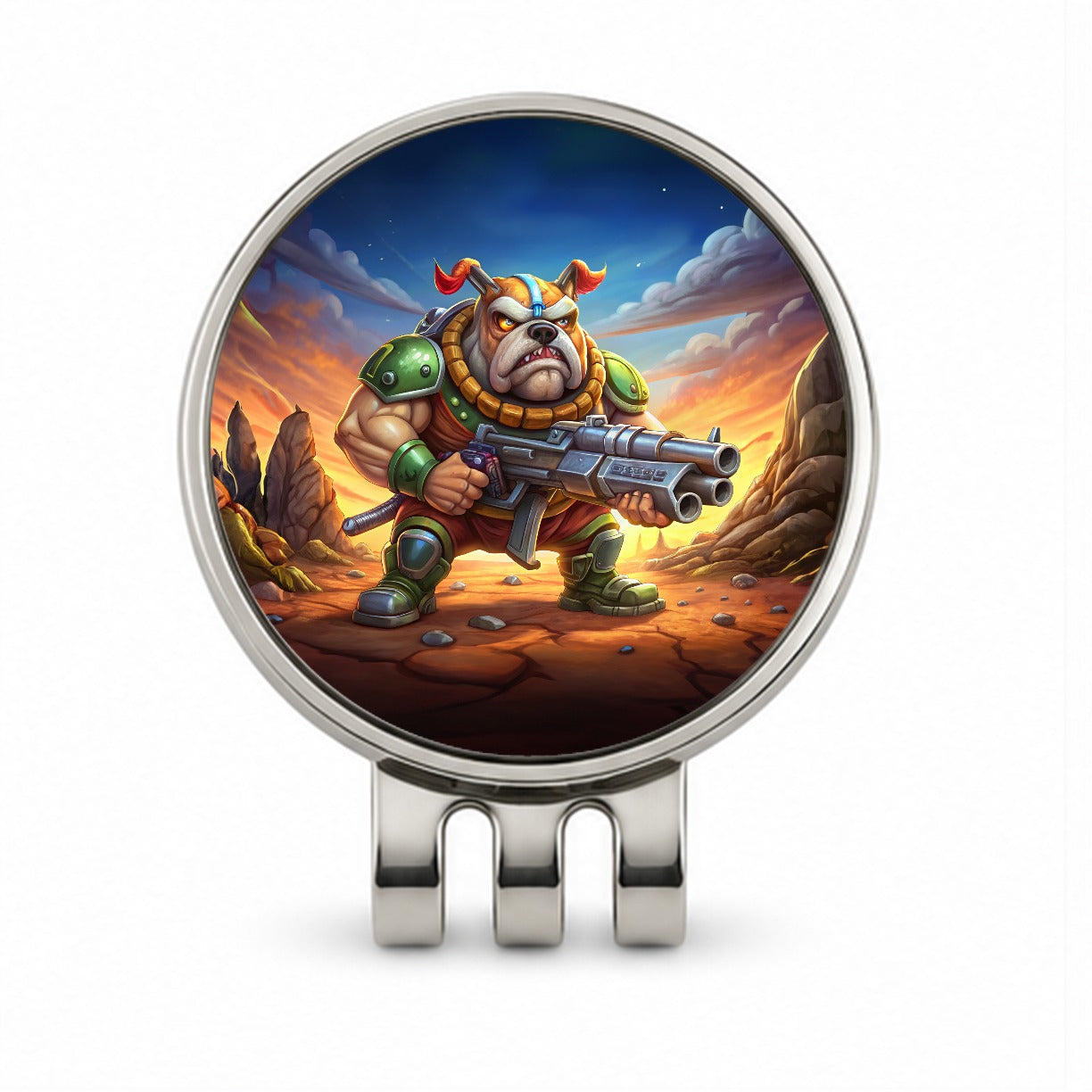 Sci-fi Cartoon Bulldog With Giant Gun Golf Hat Clip with Ball Marker