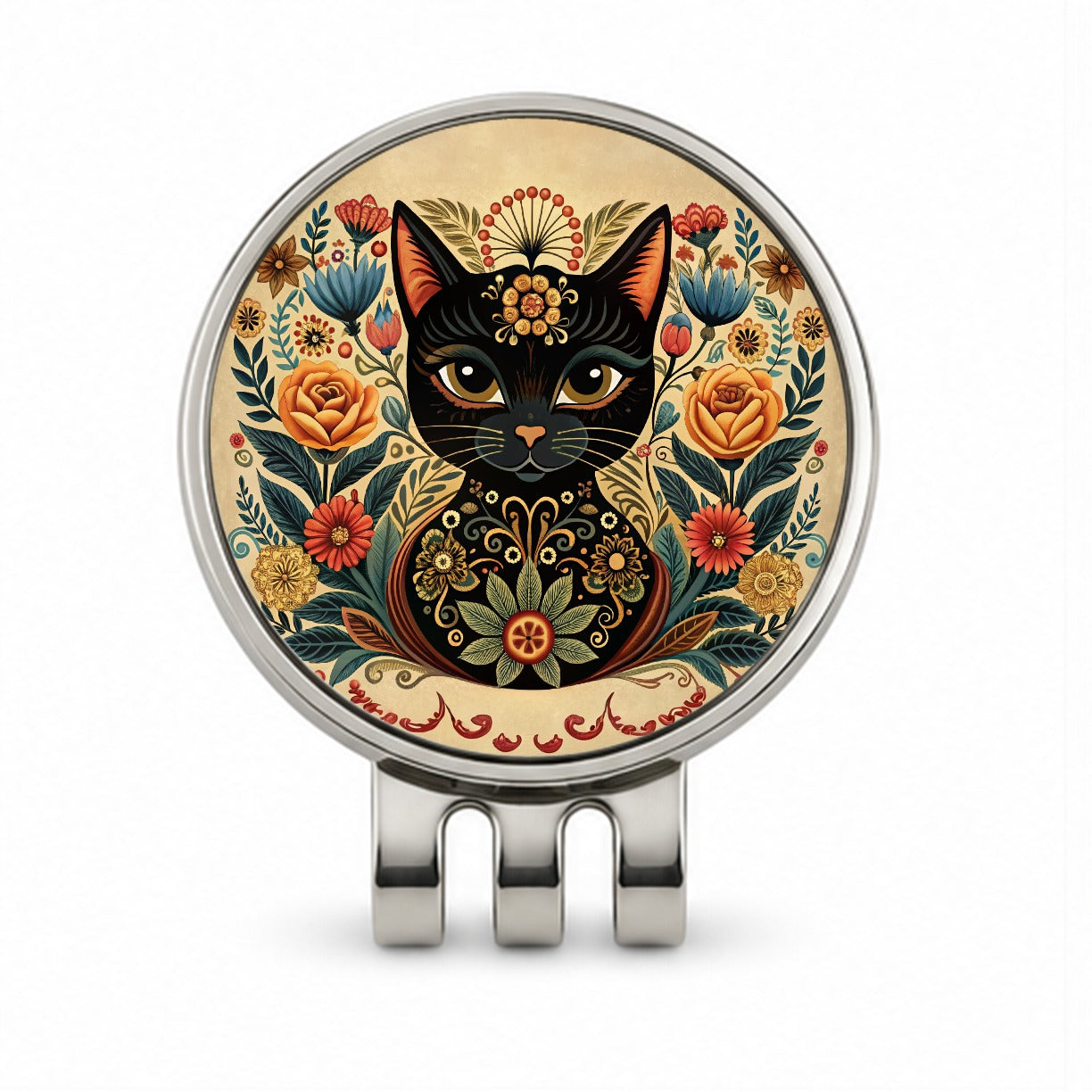 Stylized Black Cat Floral Design Golf Hat Clip with Ball Marker