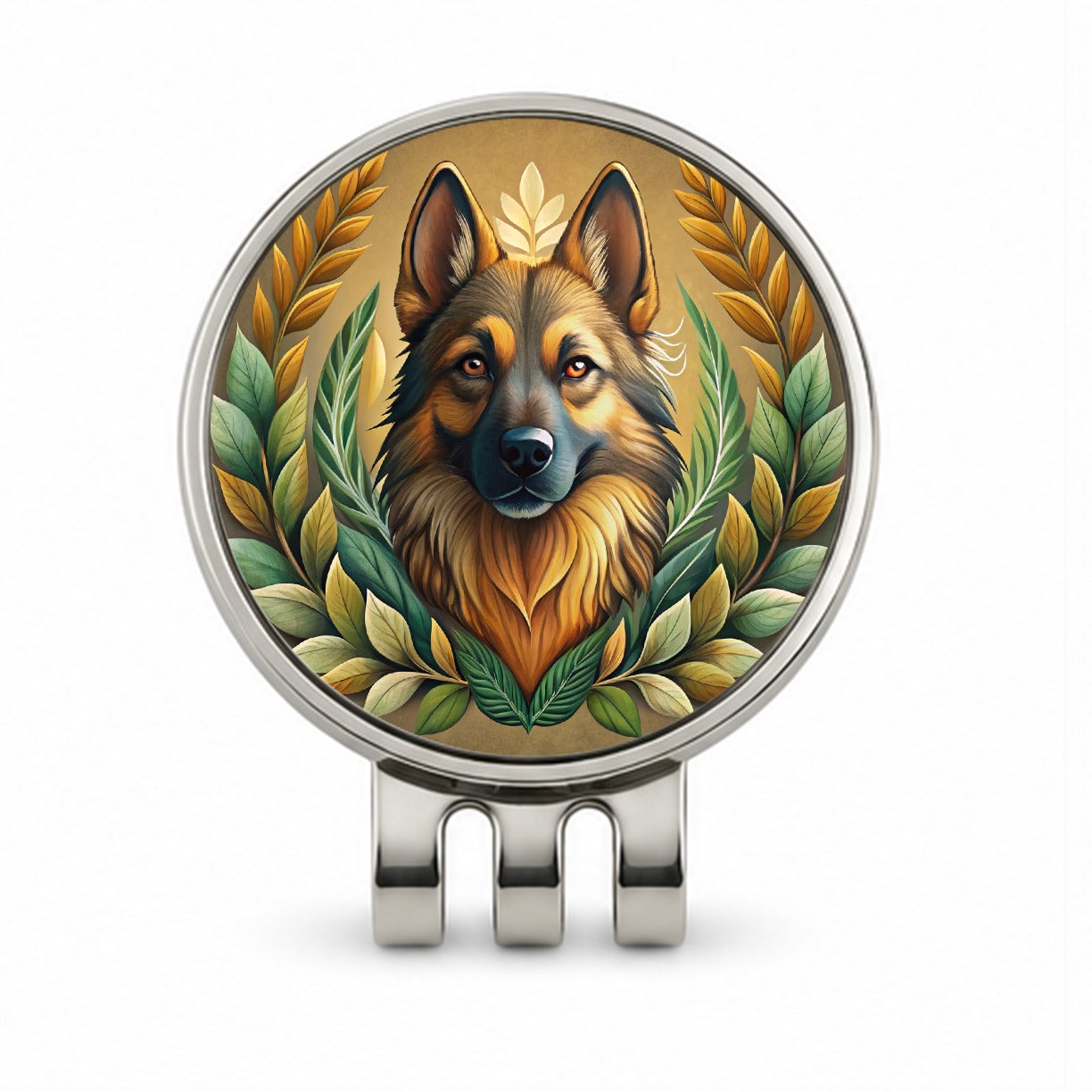 Stylized German Shepherd Illustration Leaf Design Golf Hat Clip with Ball Marker