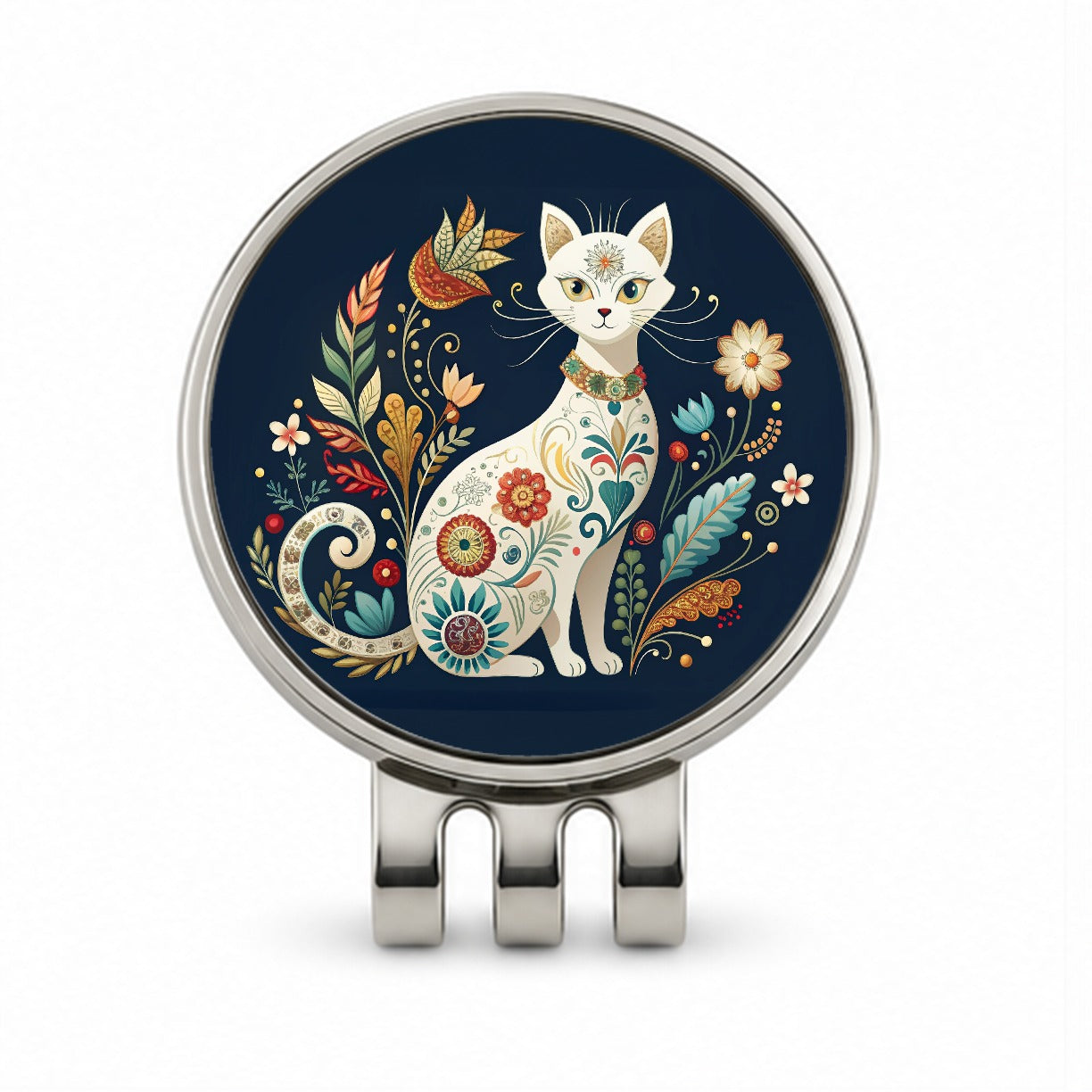 Stylized White Cat Floral Design Golf Hat Clip with Ball Marker