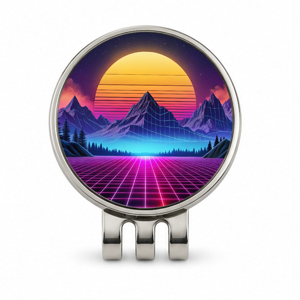 Vaporwave Retro Vector Vivid Mountain Landscape Golf Hat Clip with Ball Marker