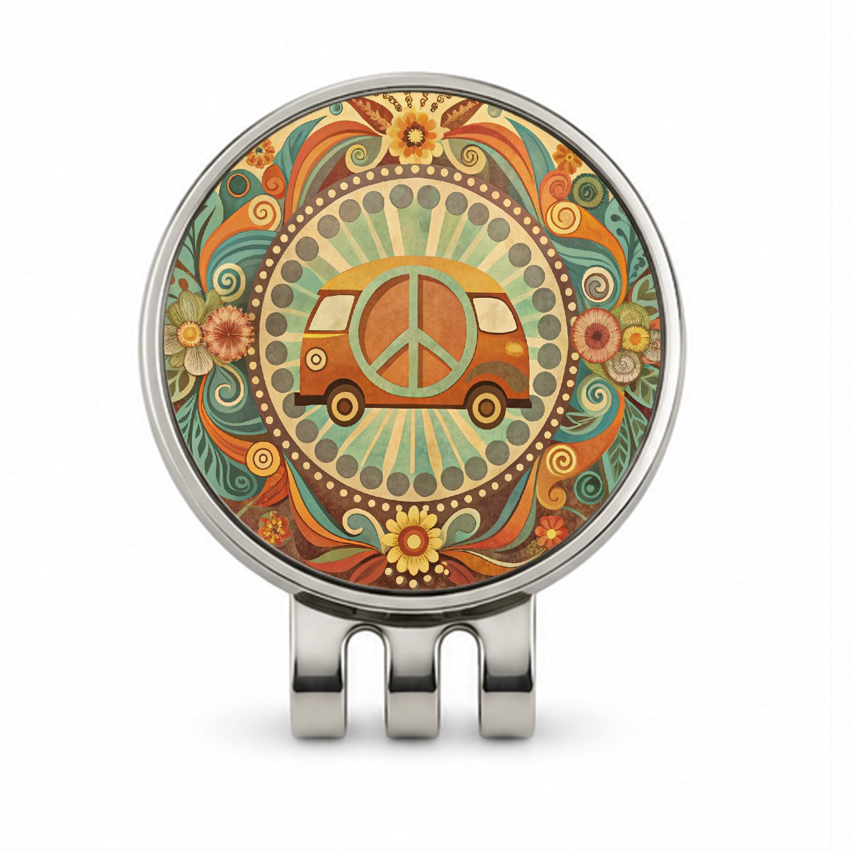 Vintage Retro Boho Hippie Van Peace Design Golf Hat Clip with Ball Marker