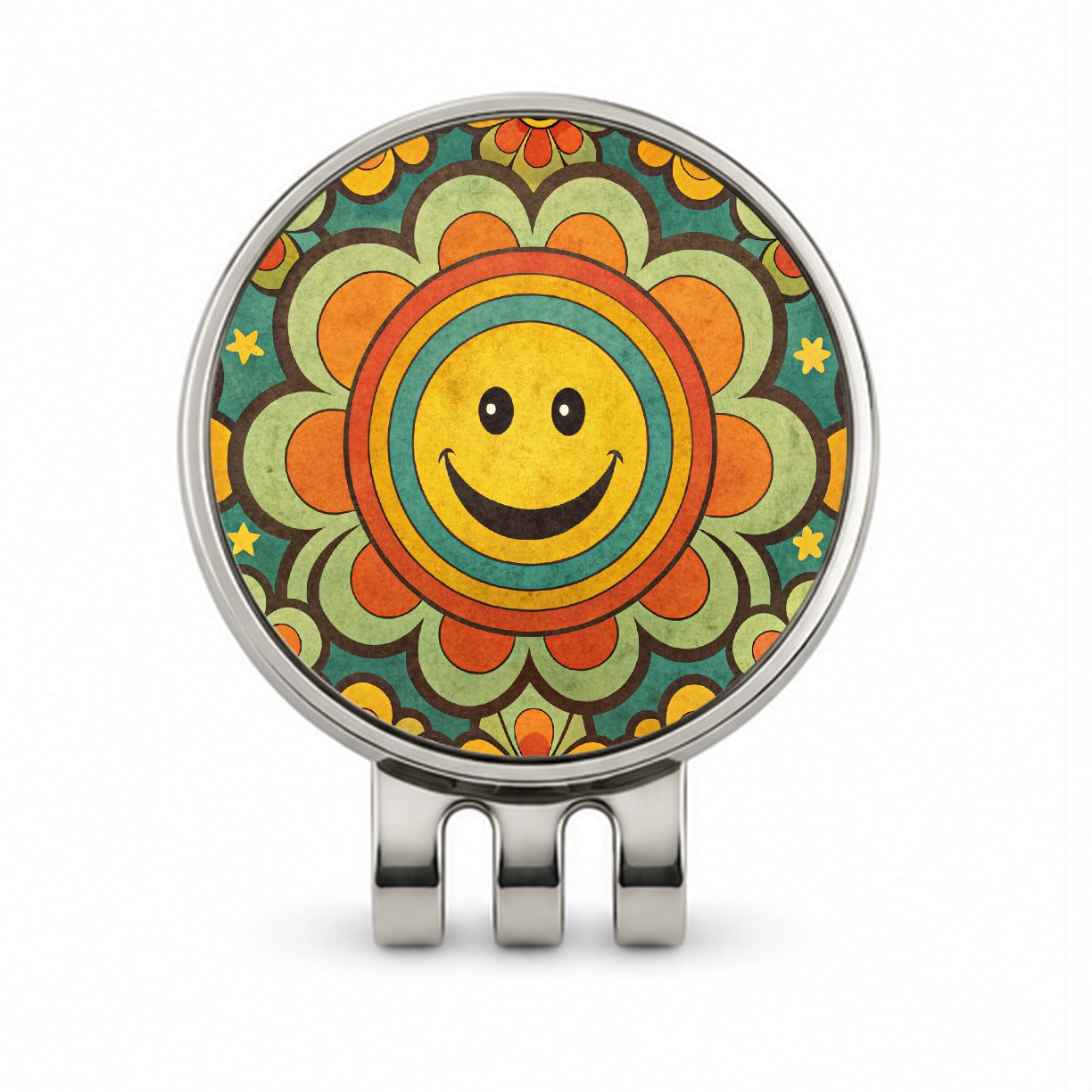 Vintage Retro Hippie Smile Pattern Design Golf Hat Clip with Ball Marker