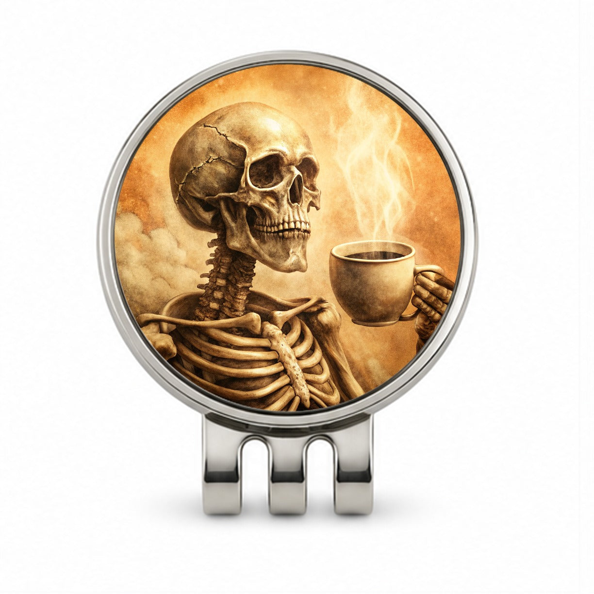 Vintage Skeleton Holding Cup Of Coffee Retro Golf Hat Clip with Ball Marker