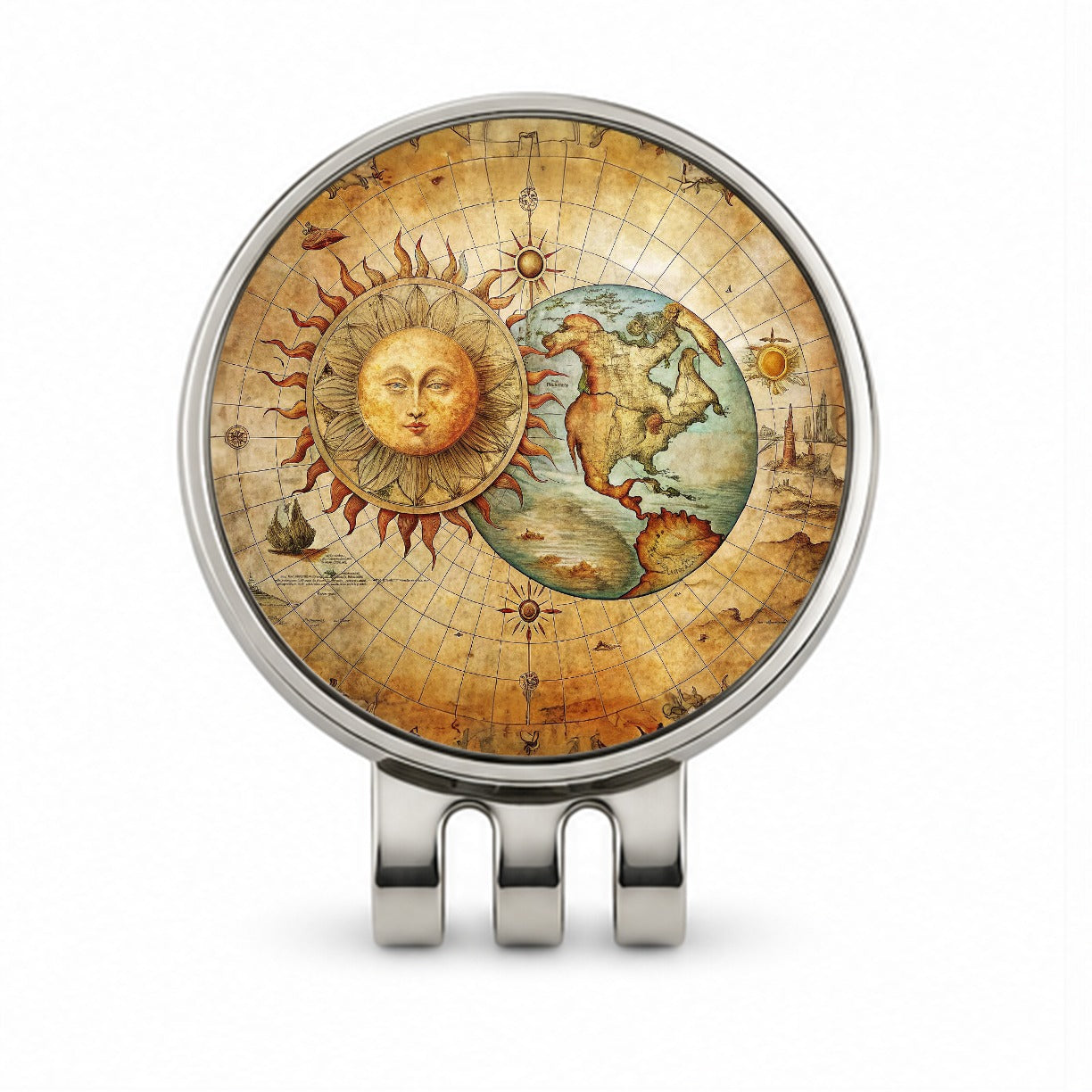 Vintage Sun Moon Map Golf Hat Clip with Ball Marker