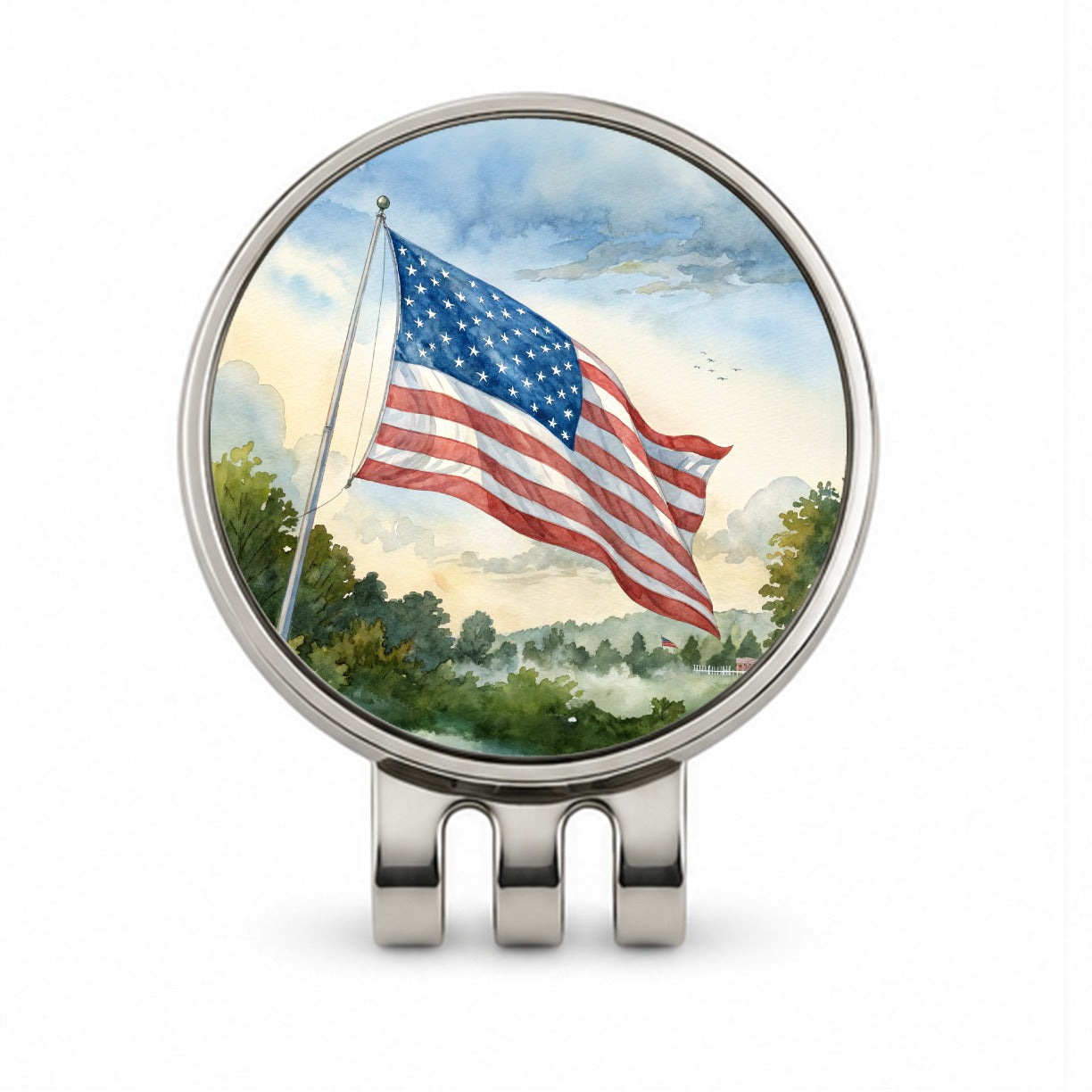 American Flag Waving Watercolor USA United States Golf Hat Clip with Ball Marker