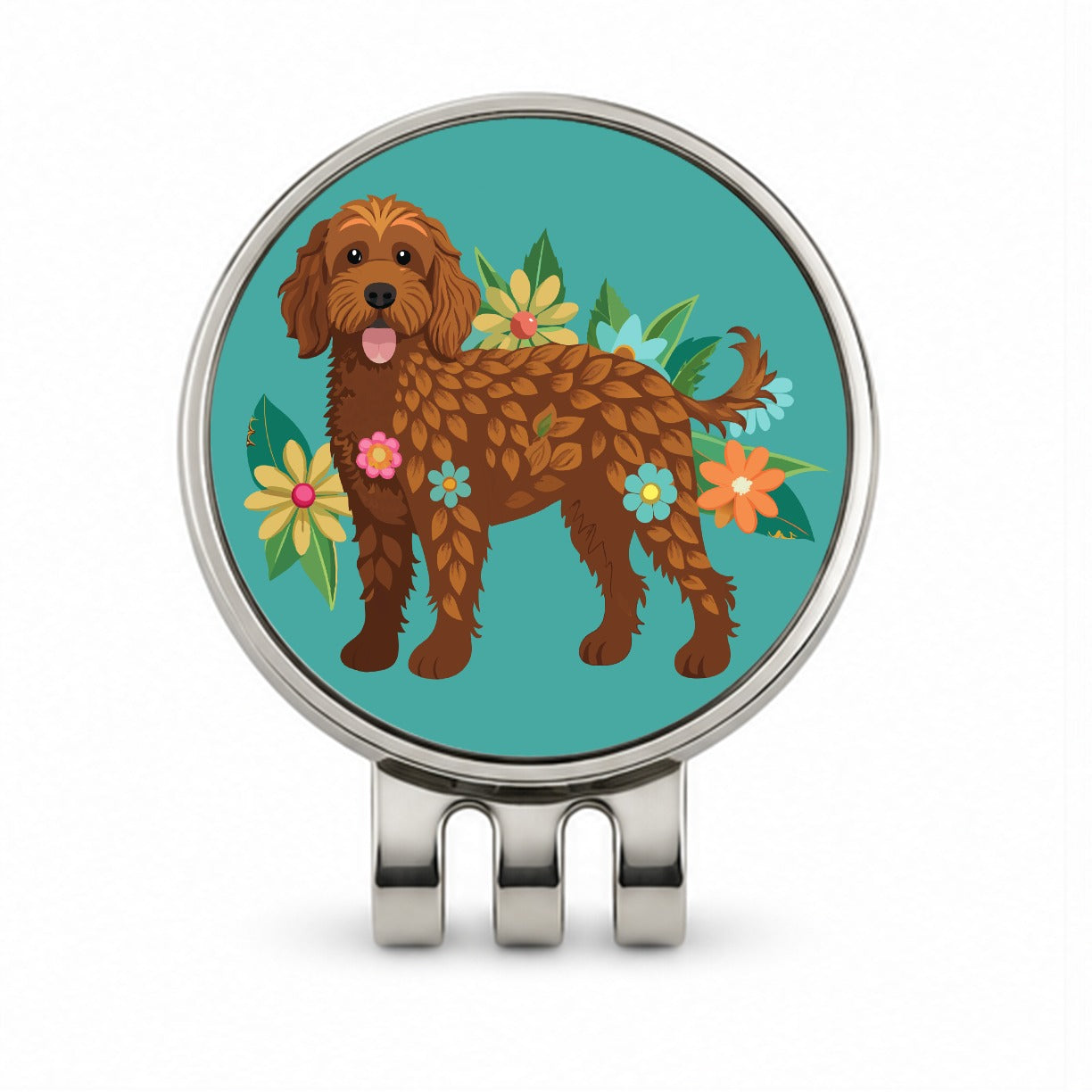 Brown Labradoodle Floral Motif Dog Golf Hat Clip with Ball Marker