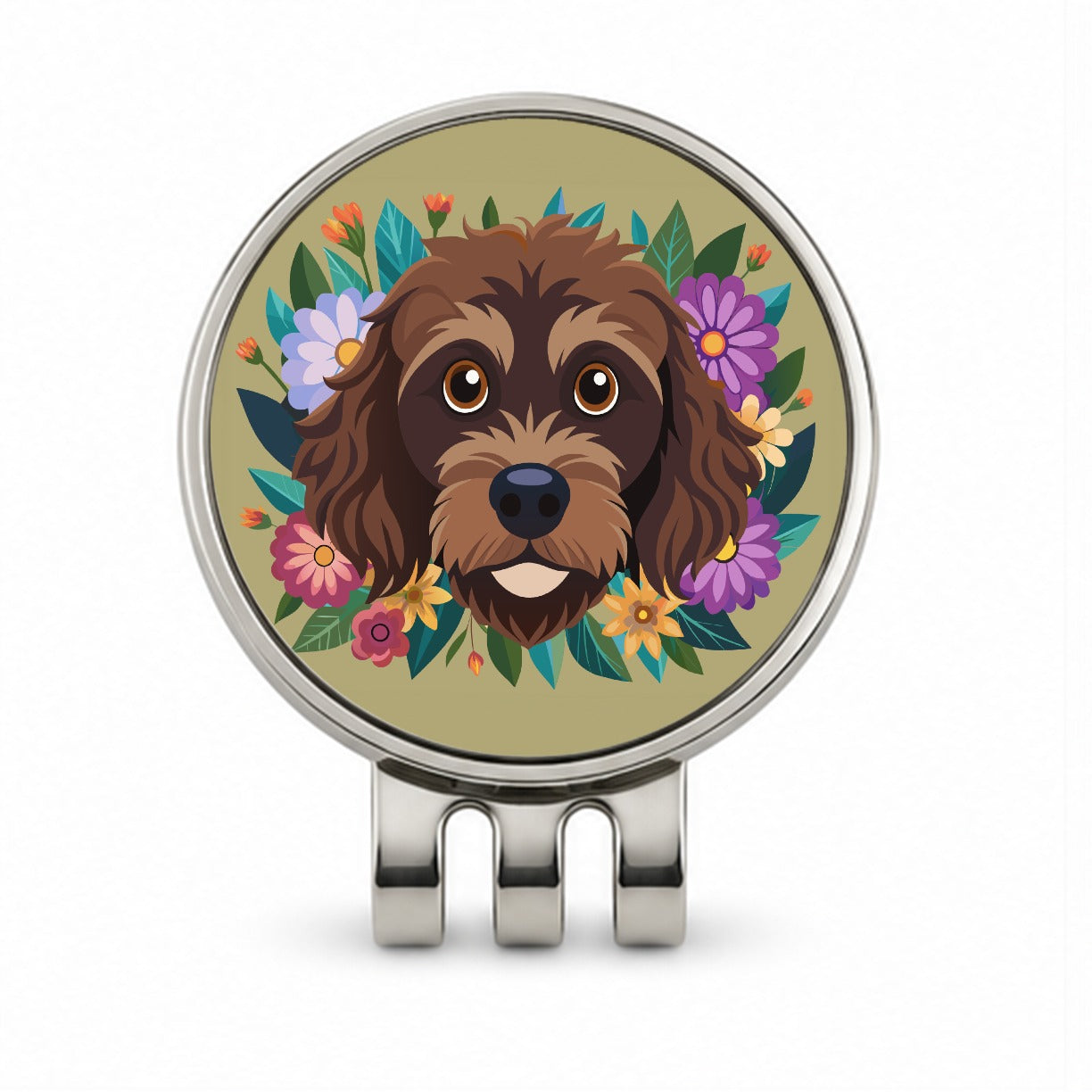 Brown Labradoodle Head Floral Motif Dog Cute Golf Hat Clip with Ball Marker