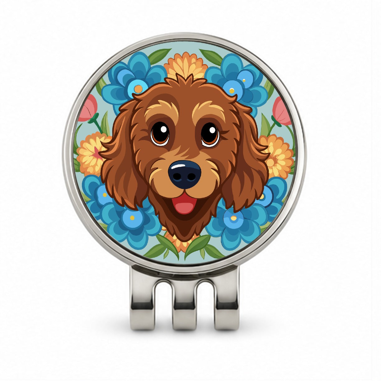 Brown Labradoodle Head Floral Motif Dog Golf Hat Clip with Ball Marker