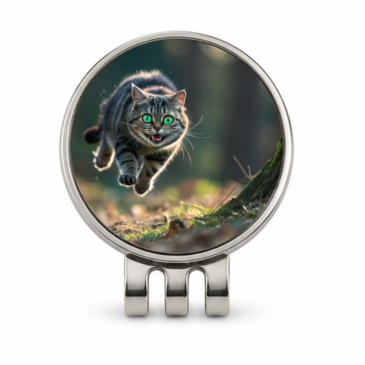 Cat Leaping Green Eyes Funny Golf Hat Clip with Ball Marker