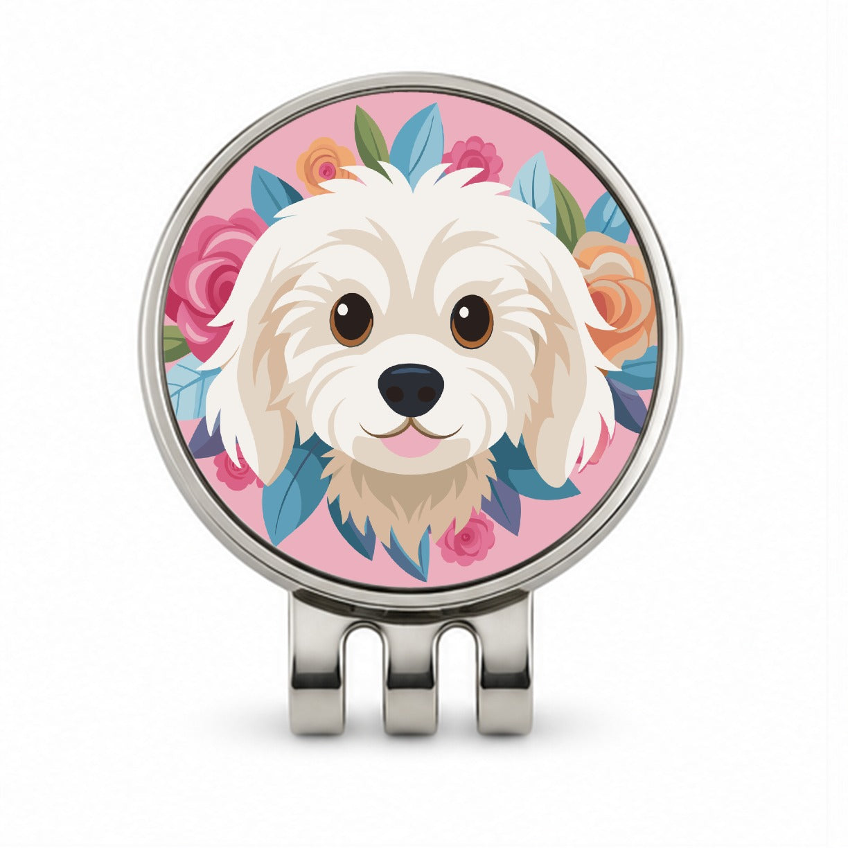 Cavachon Head Dog Floral Motif Pink Background Golf Hat Clip with Ball Marker