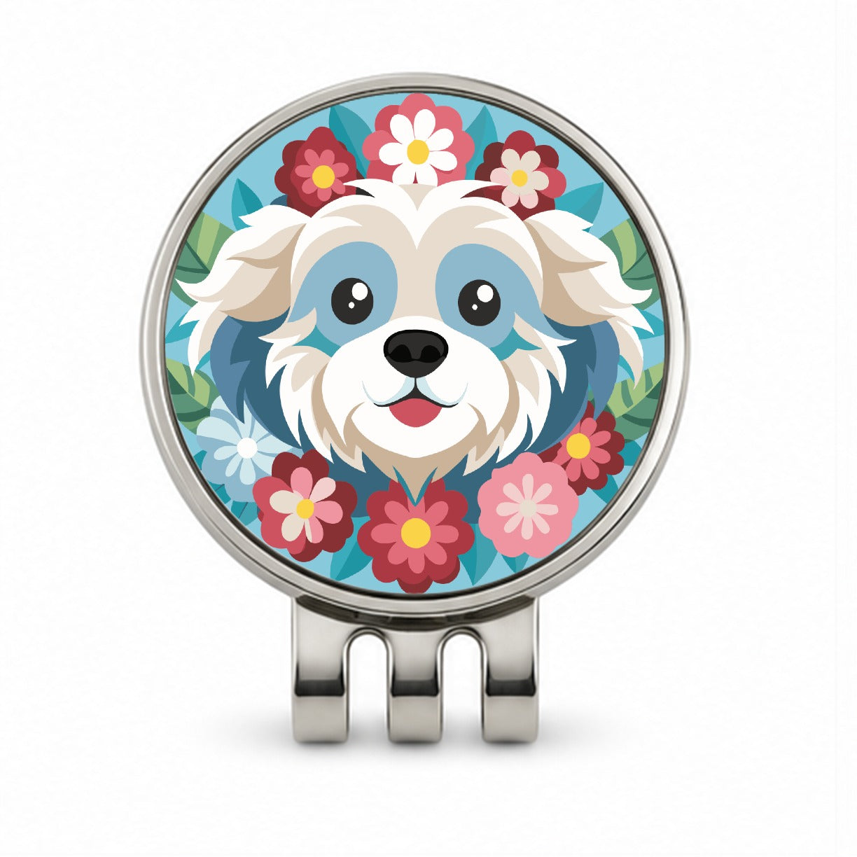 Cavachon Head Floral Dog Motif Blue Background Golf Hat Clip with Ball Marker