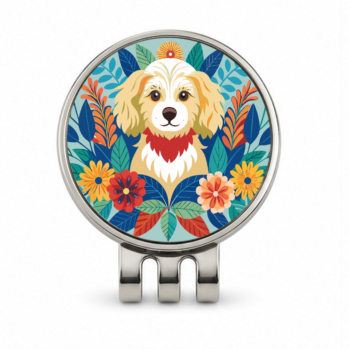 Cavapoo Floral Motif Dog Blue Golf Hat Clip with Ball Marker