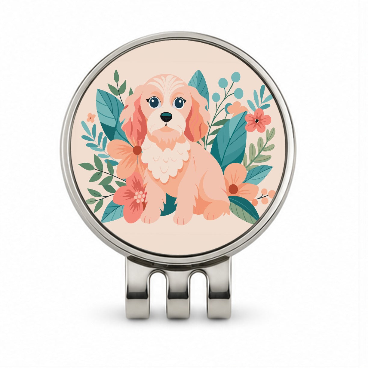 Cavapoo Floral Motif Pink Dog Golf Hat Clip with Ball Marker