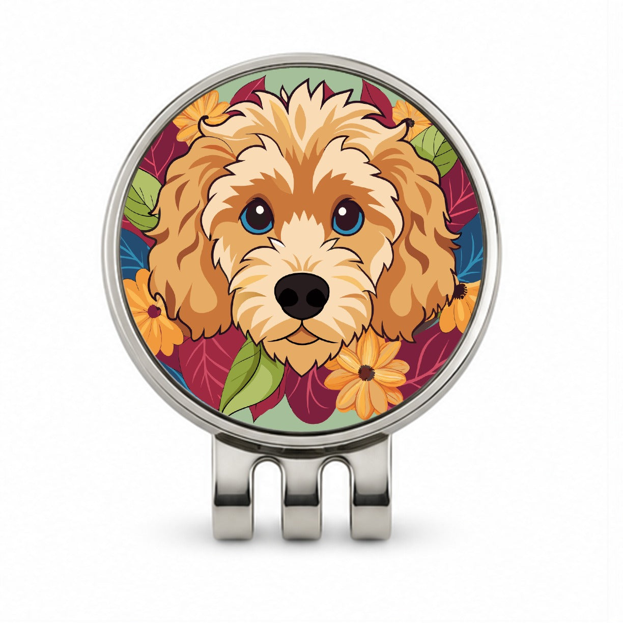 Cavapoo Head Floral Motif Dog Golf Hat Clip with Ball Marker