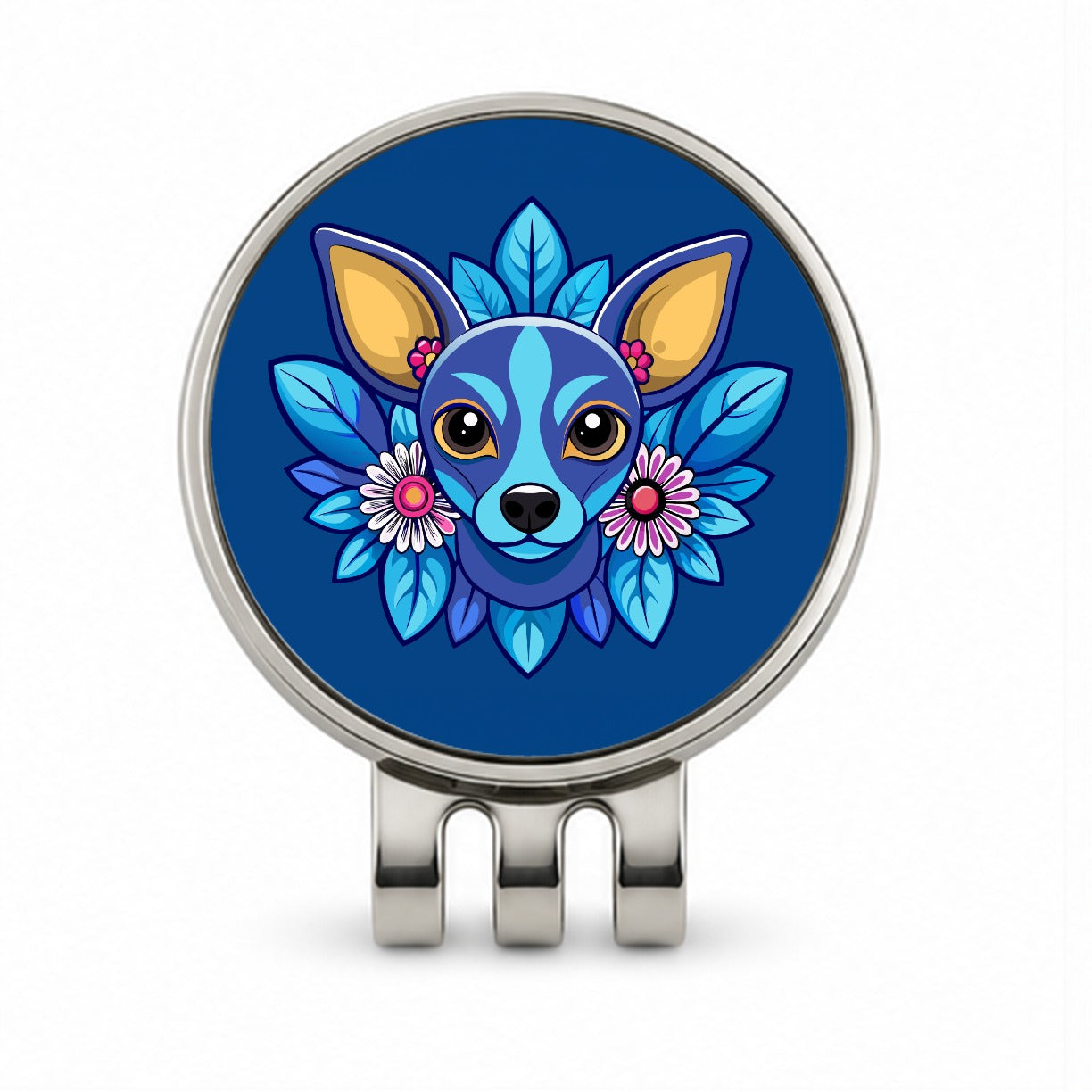 Chiweenie Head Floral Motif Blue Dog Golf Hat Clip with Ball Marker