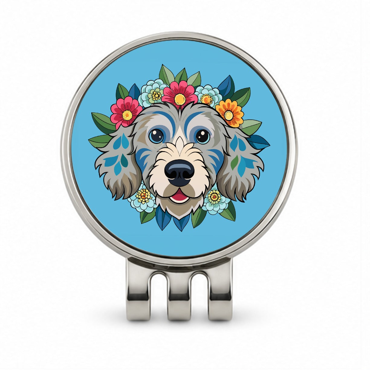 Cockapoo Head Floral Motif Light Blue Dog Golf Hat Clip with Ball Marker