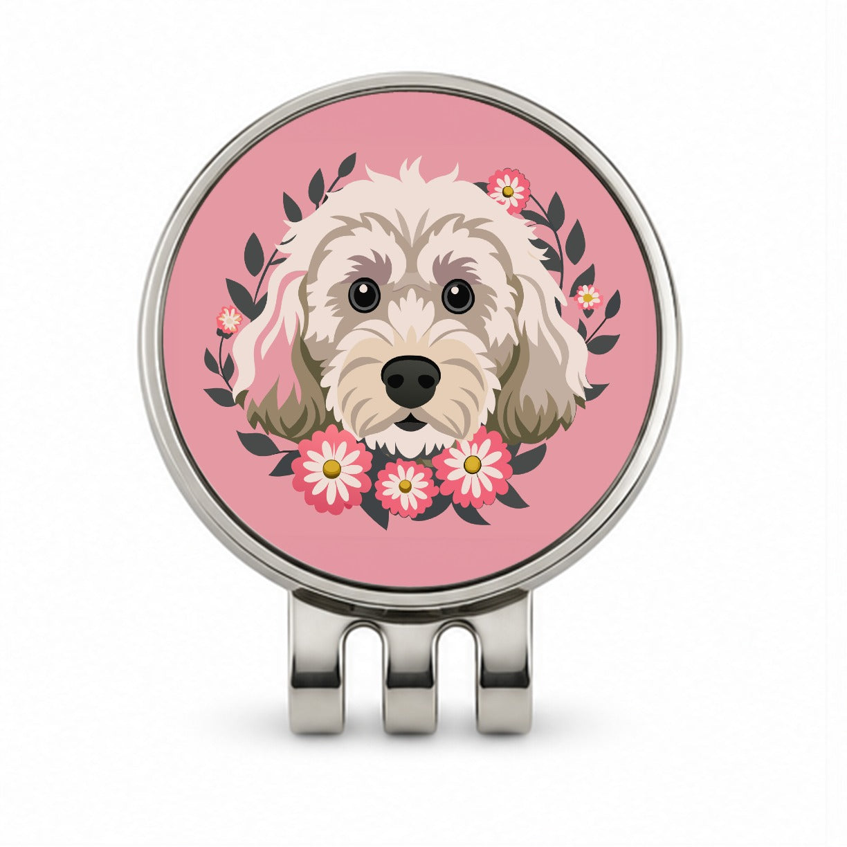 Cockapoo Head Floral Motif Light Pink Dog Golf Hat Clip with Ball Marker