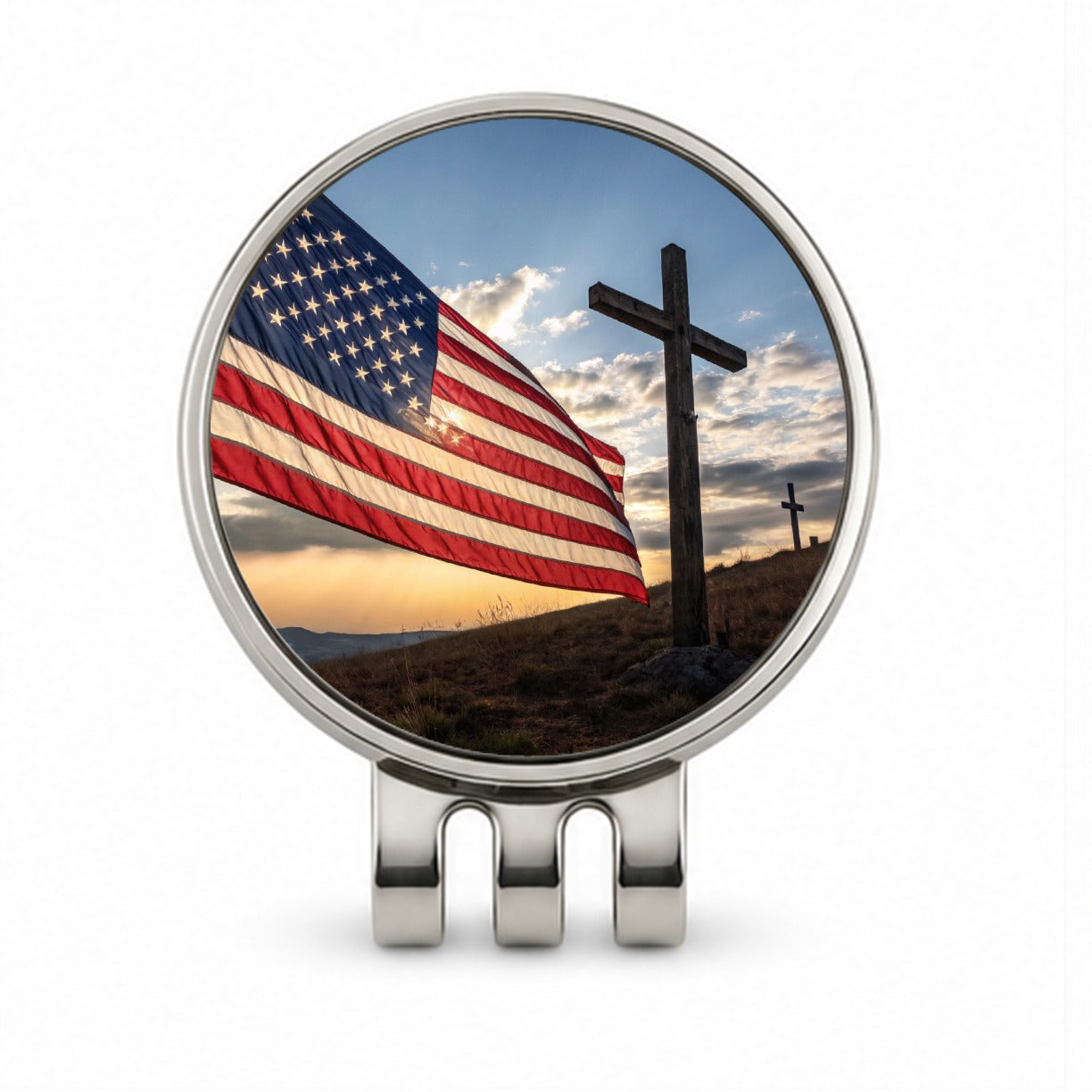 Cross Over American Flag USA United States Religious Golf Hat Clip with Ball Marker