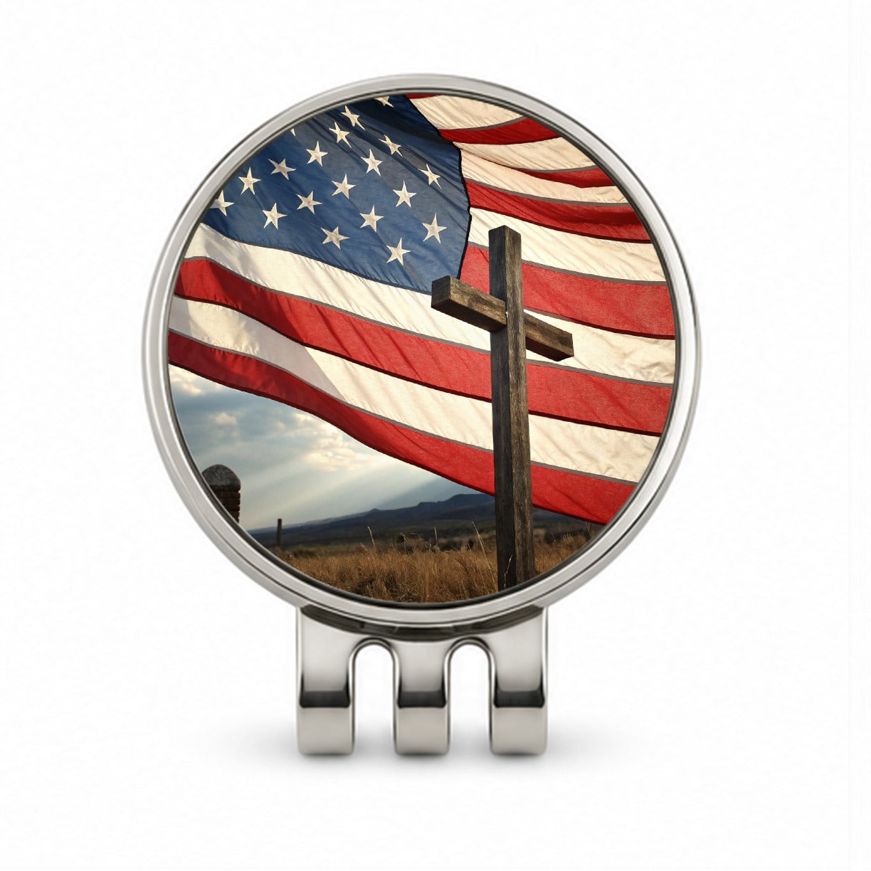 Cross Over American Flag USA United States Golf Hat Clip with Ball Marker