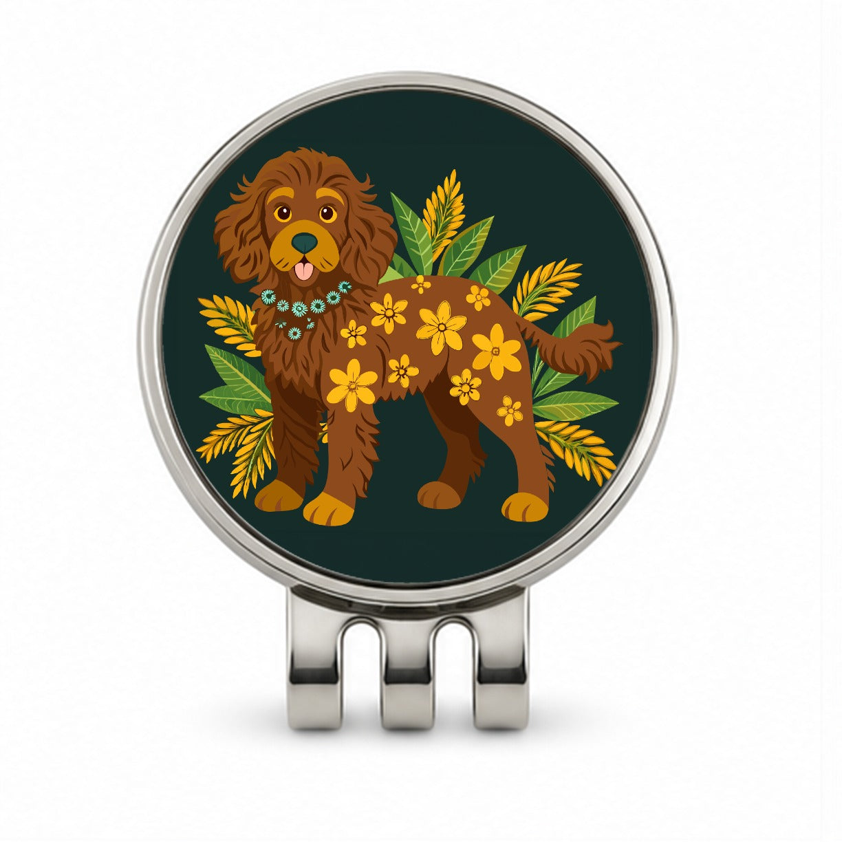 Dark Brown Golden Doodle Floral Motif Green Dog Golf Hat Clip with Ball Marker