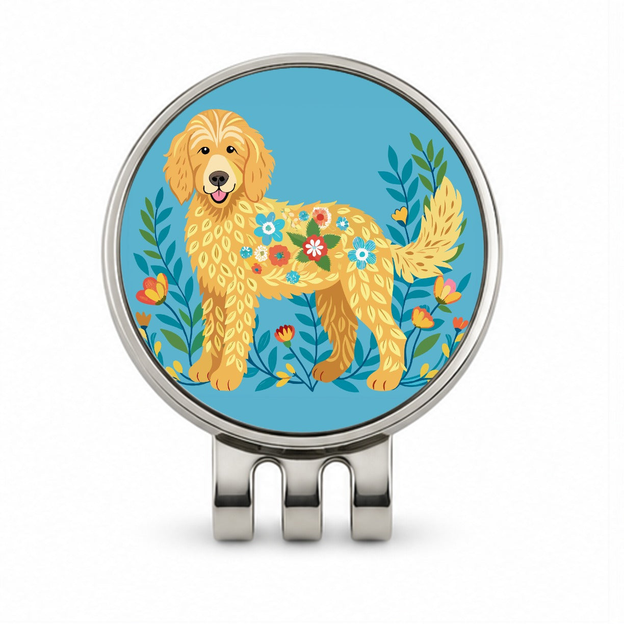 Golden Doodle Floral Motif Blue Dog Golf Hat Clip with Ball Marker