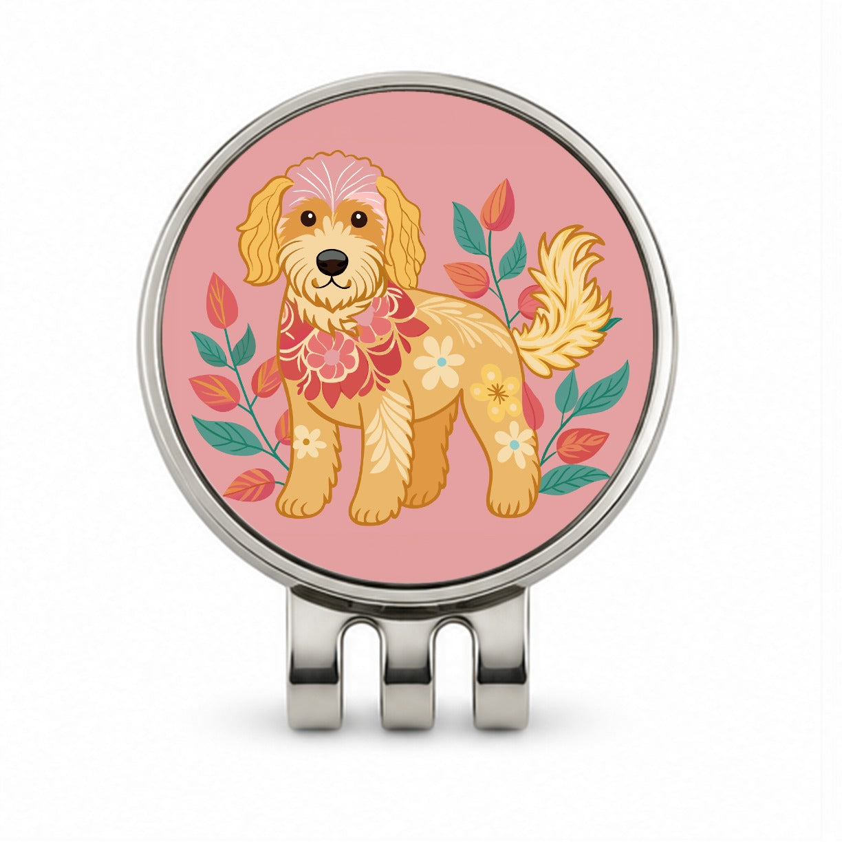 Golden Doodle Floral Motif Pink Dog Golf Hat Clip with Ball Marker