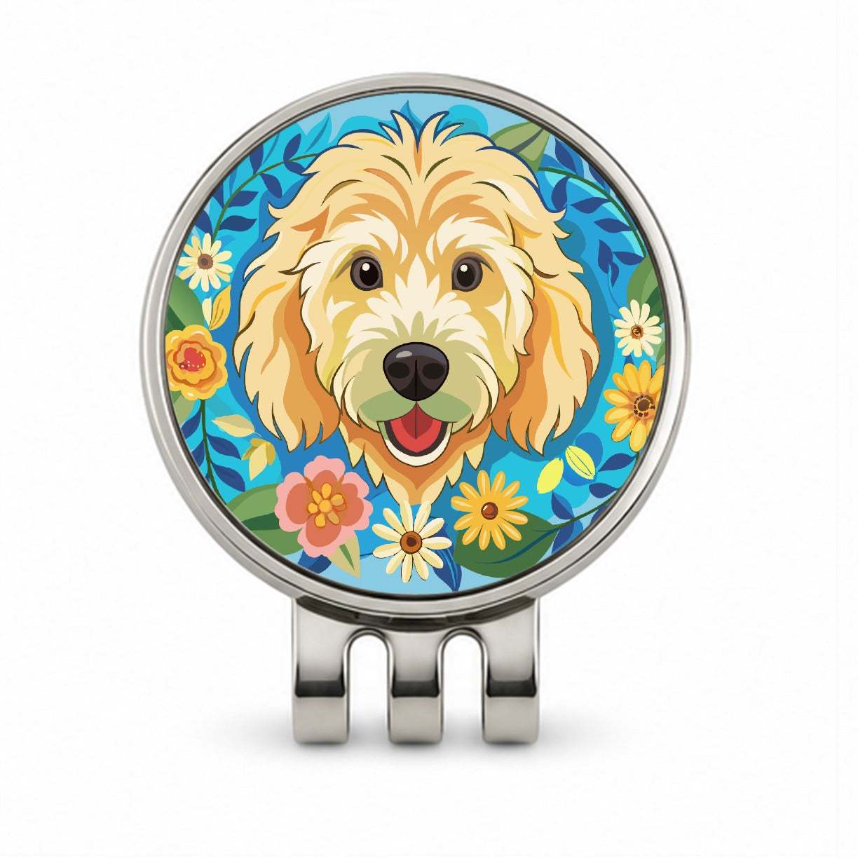 Golden Doodle Head Floral Motif Blue Background Dog Golf Hat Clip with Ball Marker