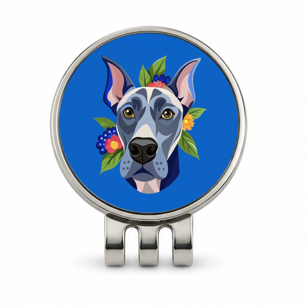 Great Dane Head Floral Motif Blue Dog Golf Hat Clip with Ball Marker