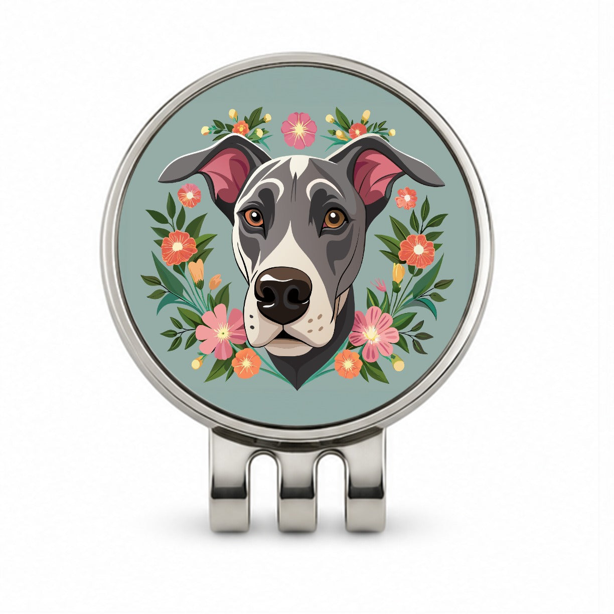 Great Dane Head Floral Motif Gray Dog Golf Hat Clip with Ball Marker