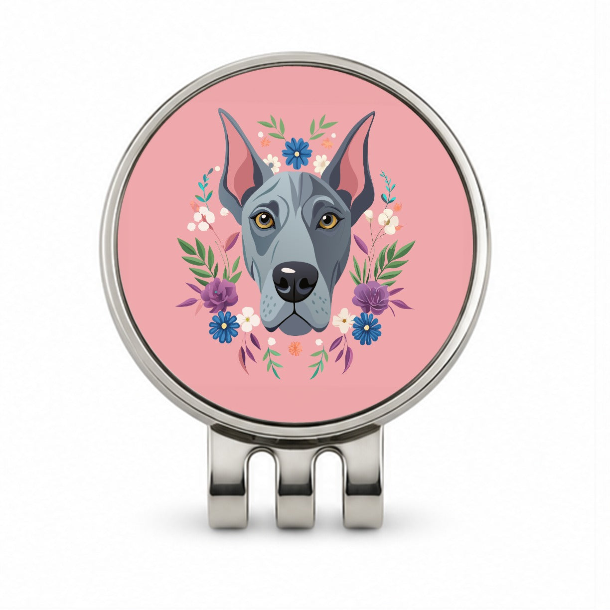 Great Dane Head Floral Motif Pink Dog Golf Hat Clip with Ball Marker