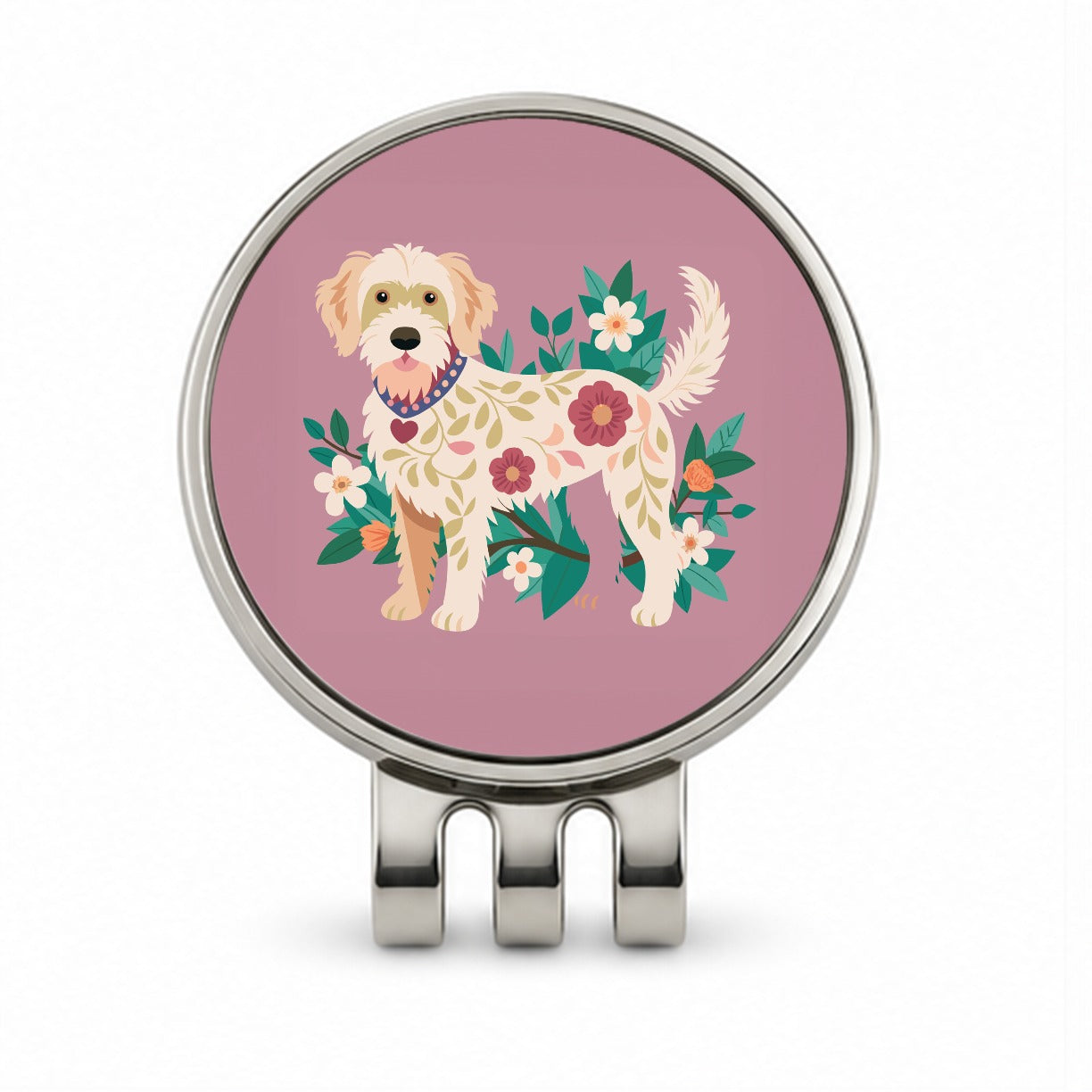 Labradoodle Floral Motif Standing Dog Golf Hat Clip with Ball Marker
