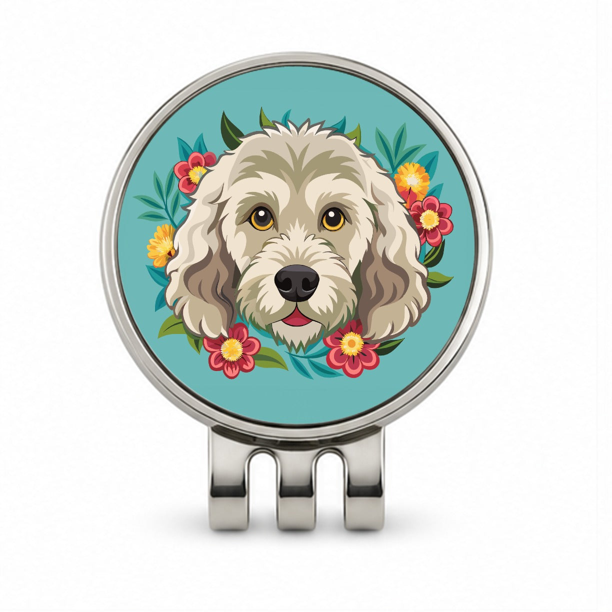 Labradoodle Head Floral Motif Dog Golf Hat Clip with Ball Marker
