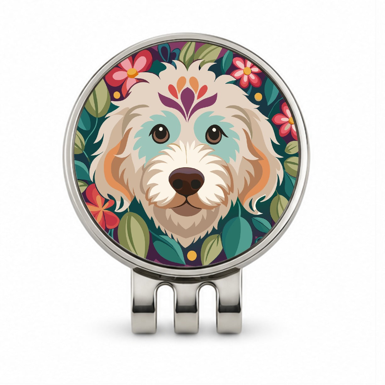 Labradoodle Head Floral Motif Purple Dog Golf Hat Clip with Ball Marker