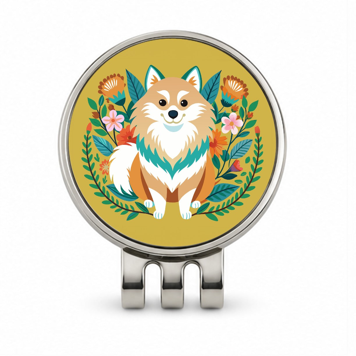 Pomsky Floral Motif Dog Golf Hat Clip with Ball Marker