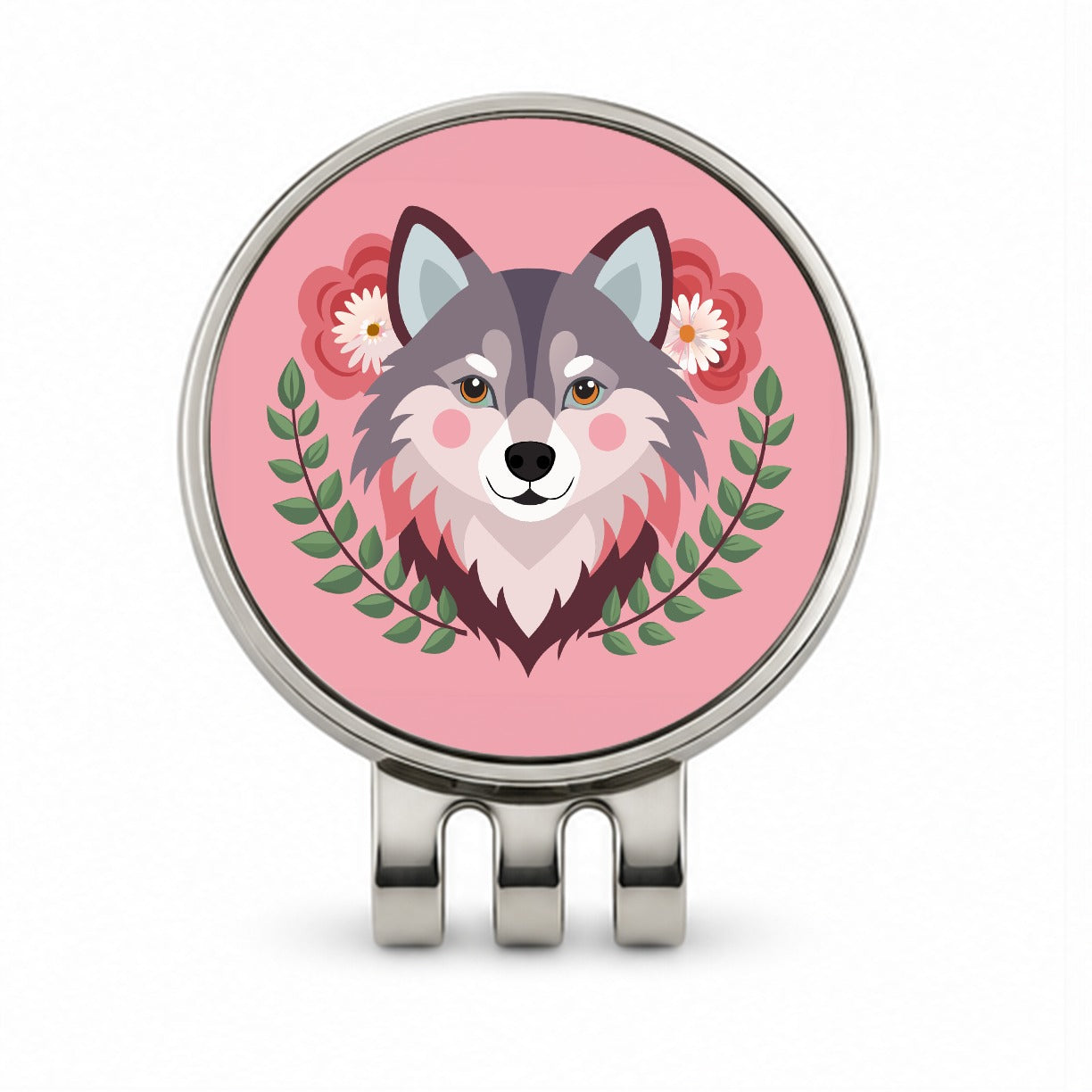 Pomsky Head Floral Motif Pink Cute Dog Golf Hat Clip with Ball Marker