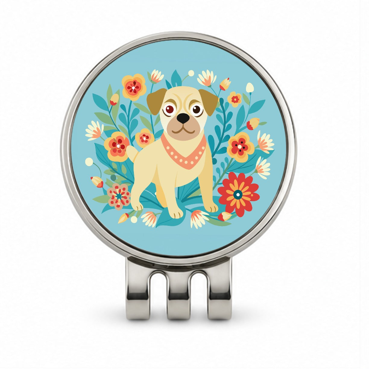 Puggle Floral Motif Blue Dog Golf Hat Clip with Ball Marker
