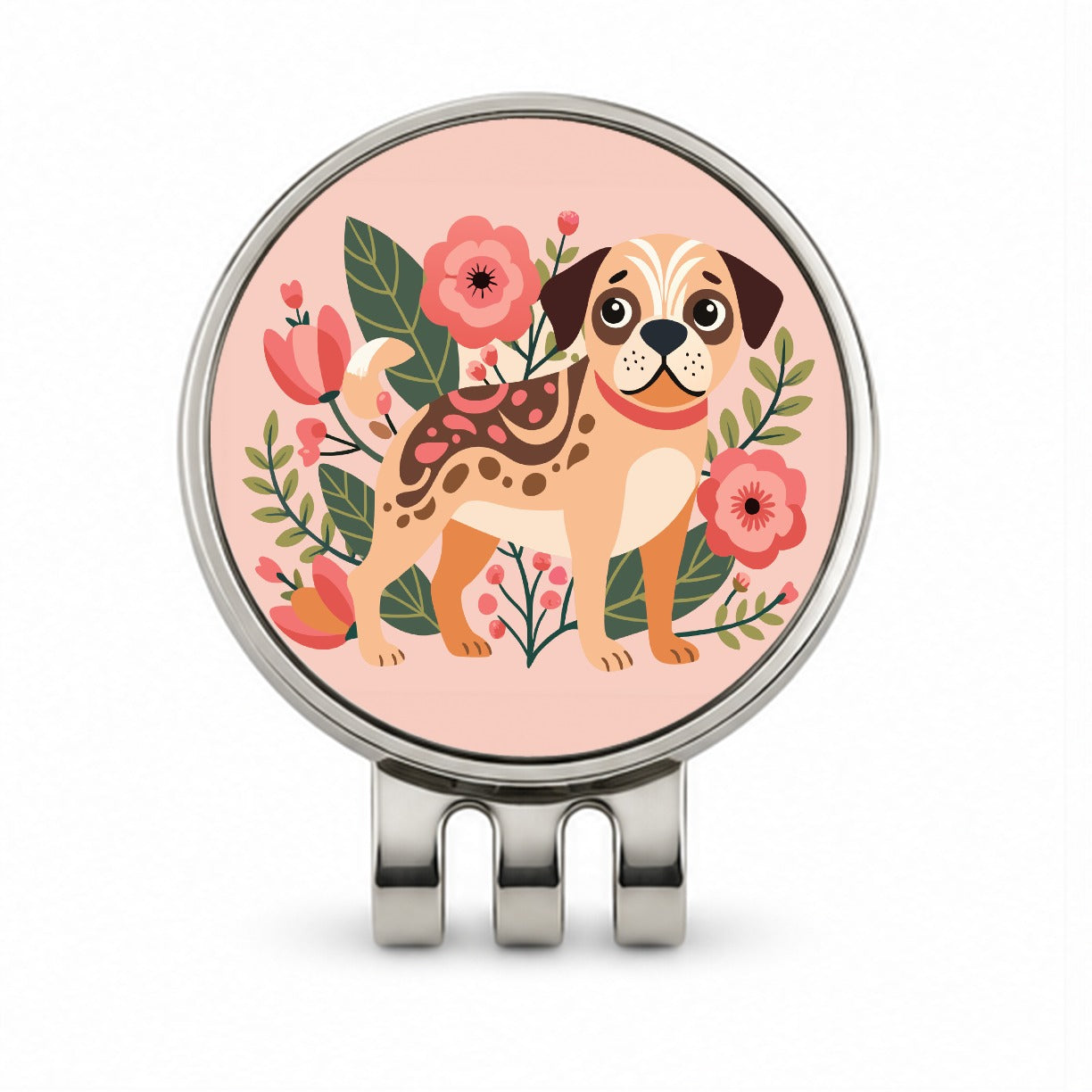 Puggle Floral Motif Pink Dog Golf Hat Clip with Ball Marker