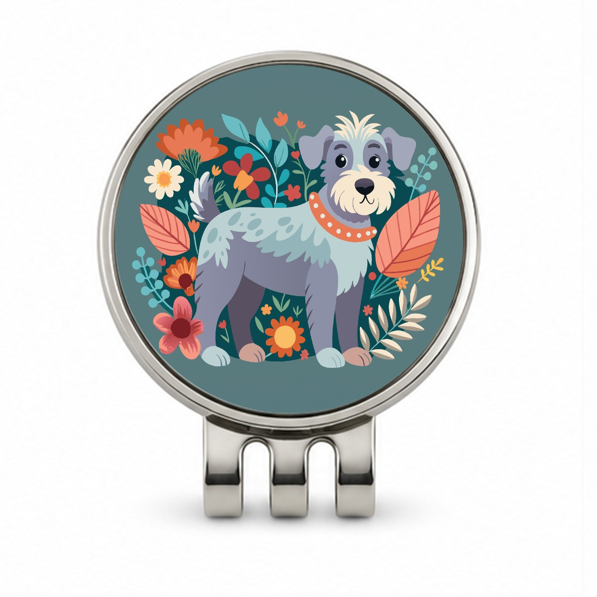 Schnoodle Floral Motif Dog Gray Golf Hat Clip with Ball Marker