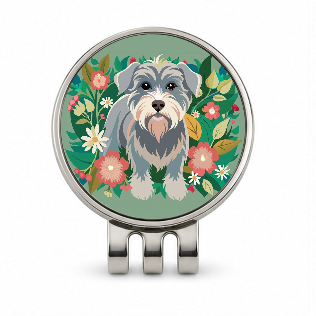 Schnoodle Floral Motif Green Dog Golf Hat Clip with Ball Marker