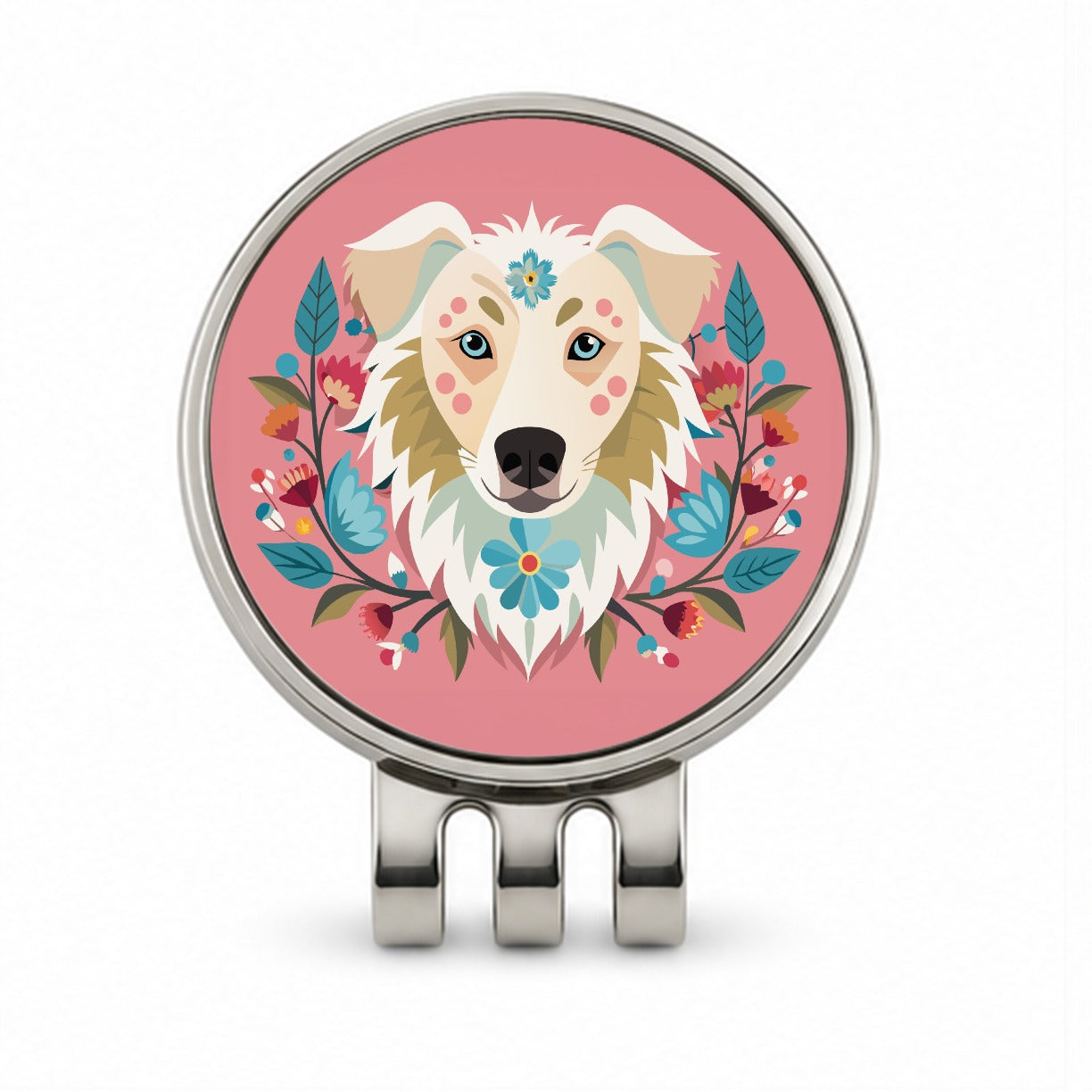 Siberian Retriever Head Floral Motif Pink Dog Golf Hat Clip with Ball Marker