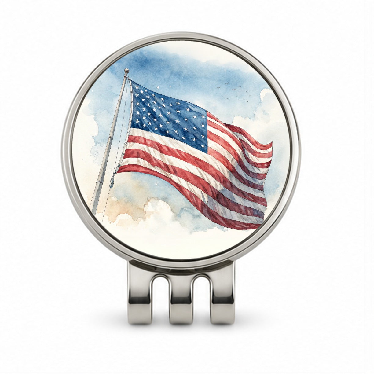 Waving American Flag Watercolor USA United States Golf Hat Clip with Ball Marker