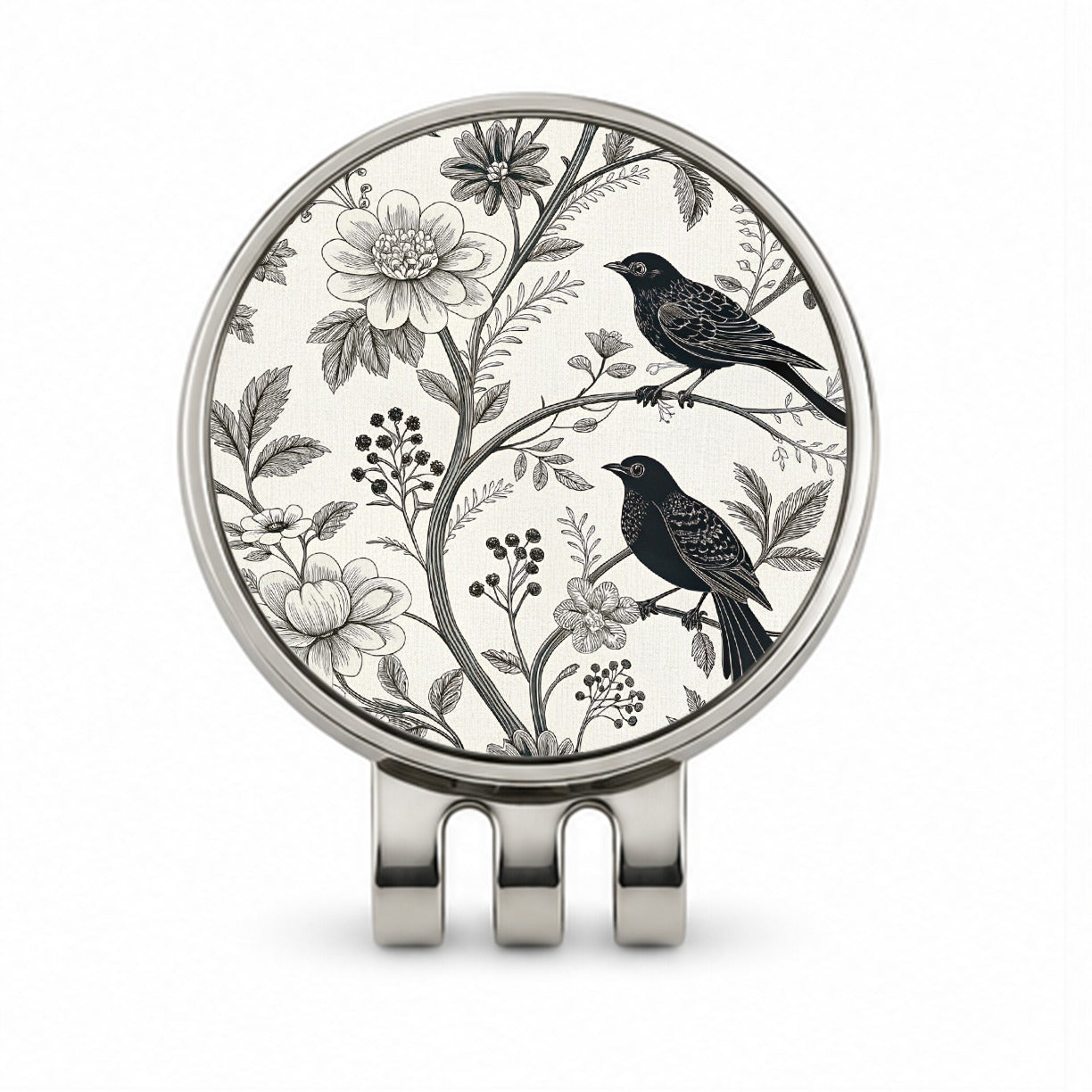 Black On White Toile With Birds Golf Hat Clip with Ball Marker