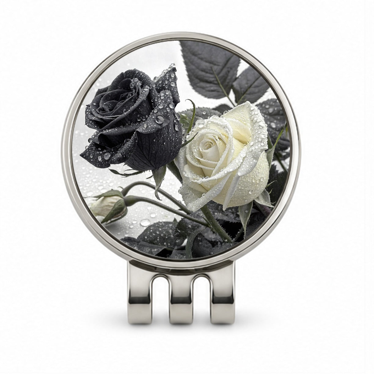 Black White Roses Dewy Golf Hat Clip with Ball Marker
