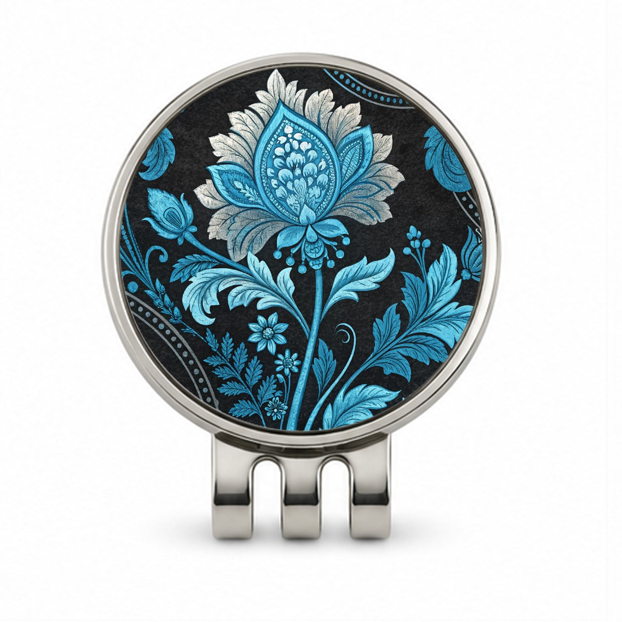 Blue Damask On Black Golf Hat Clip with Ball Marker