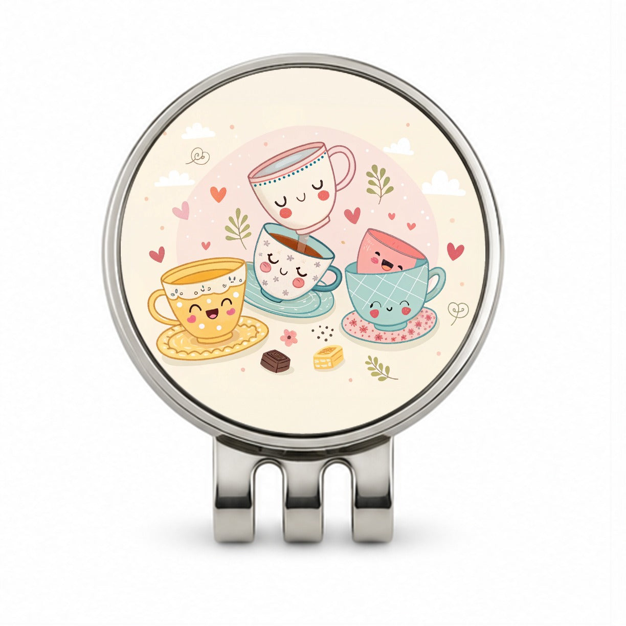 Kawaii Happy Tea Cups Golf Hat Clip with Ball Marker