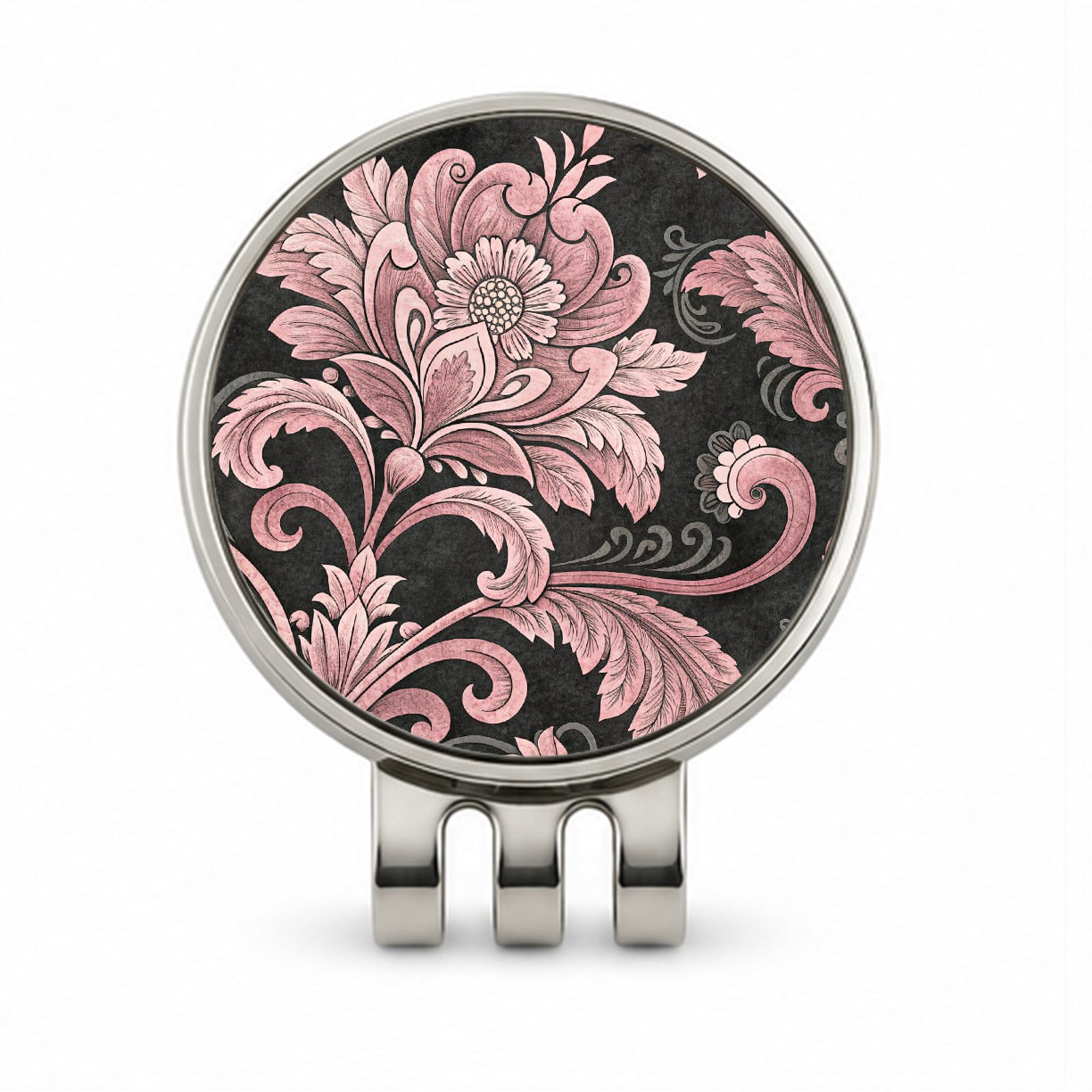 Pink Damask On Black Golf Hat Clip with Ball Marker
