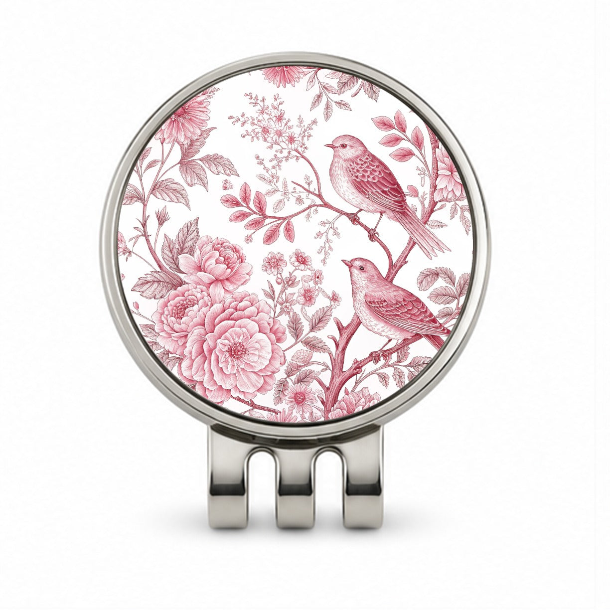 Pink On White Toile With Birds Golf Hat Clip with Ball Marker