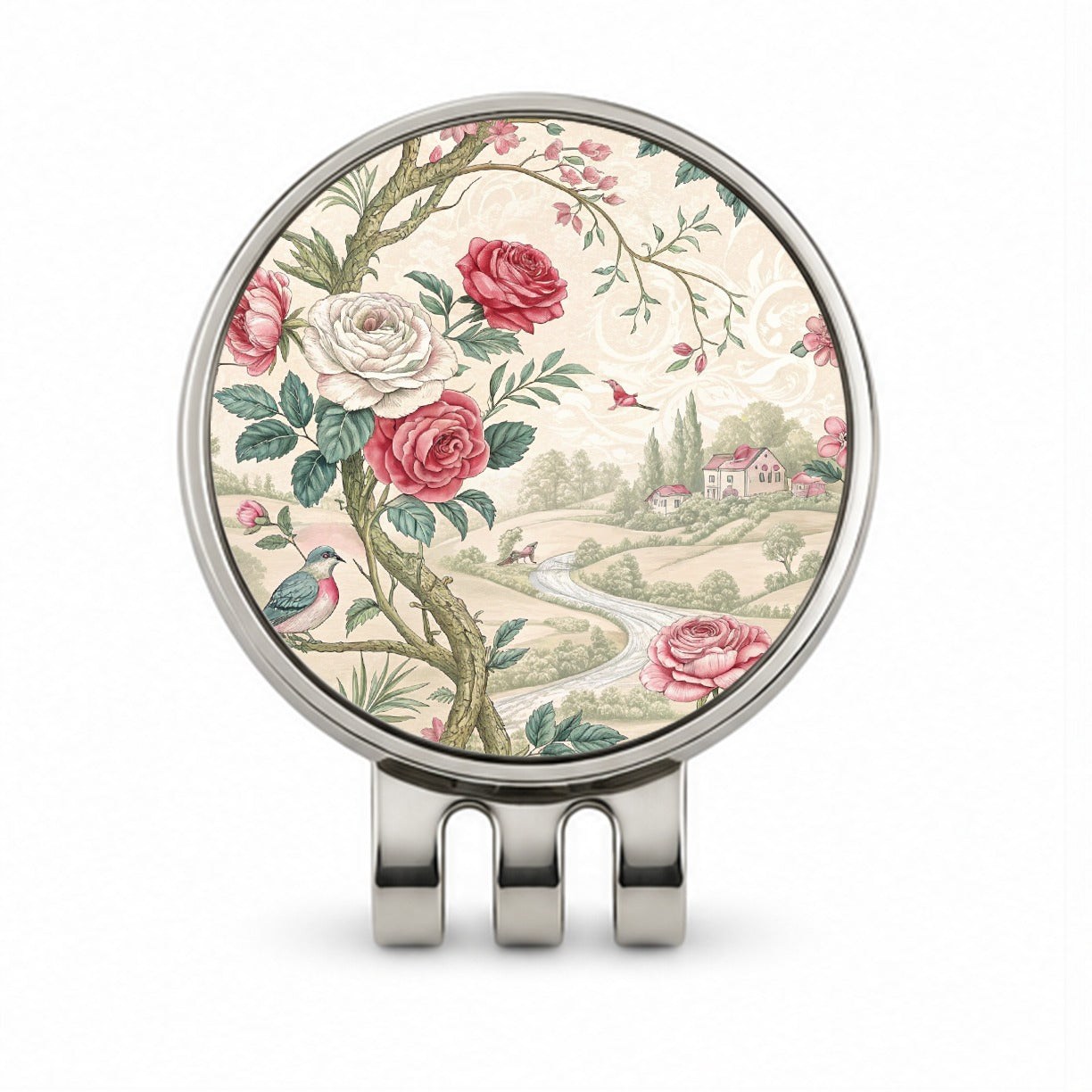 Toile Pattern Flowers Birds Golf Hat Clip with Ball Marker