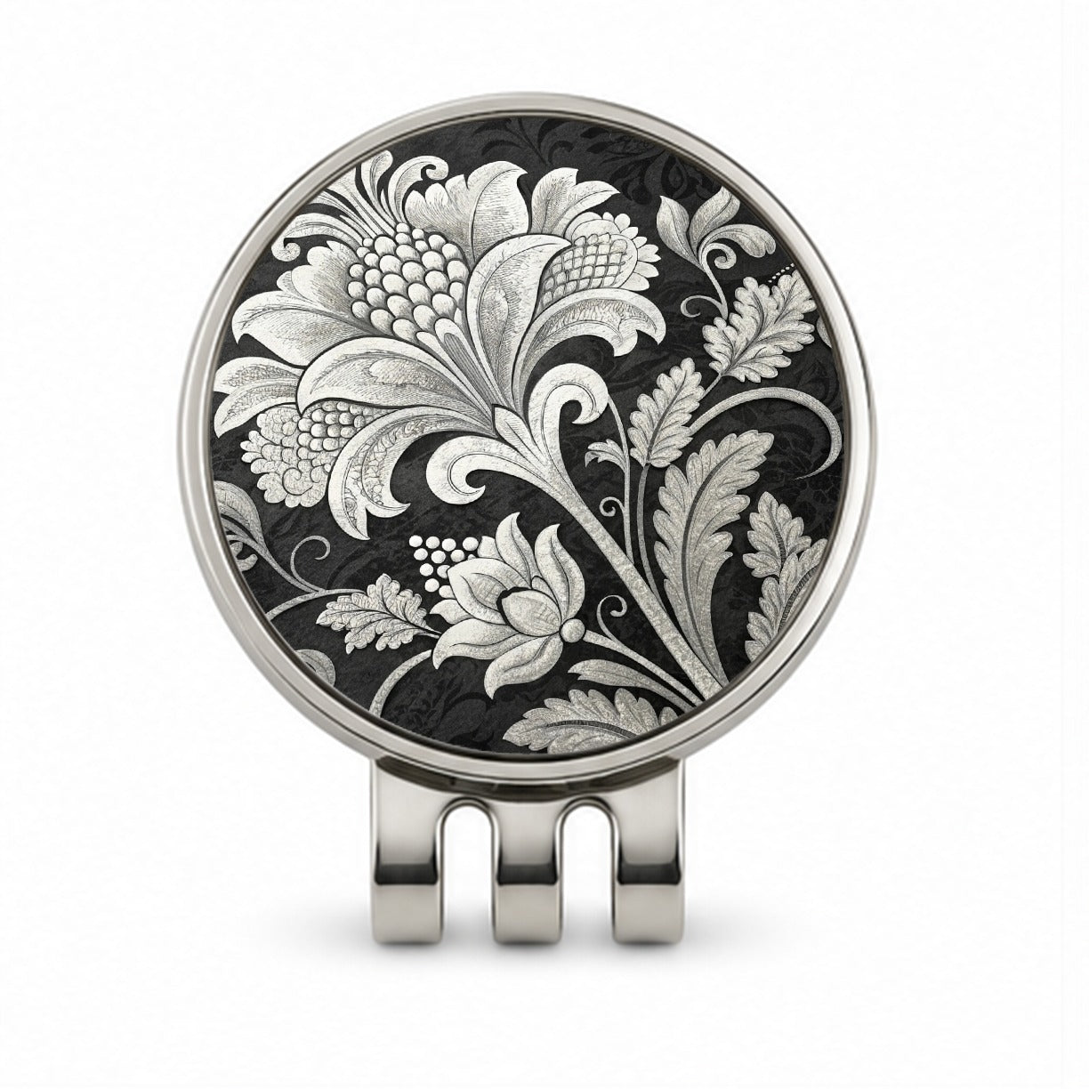 White Damask On Black Golf Hat Clip with Ball Marker